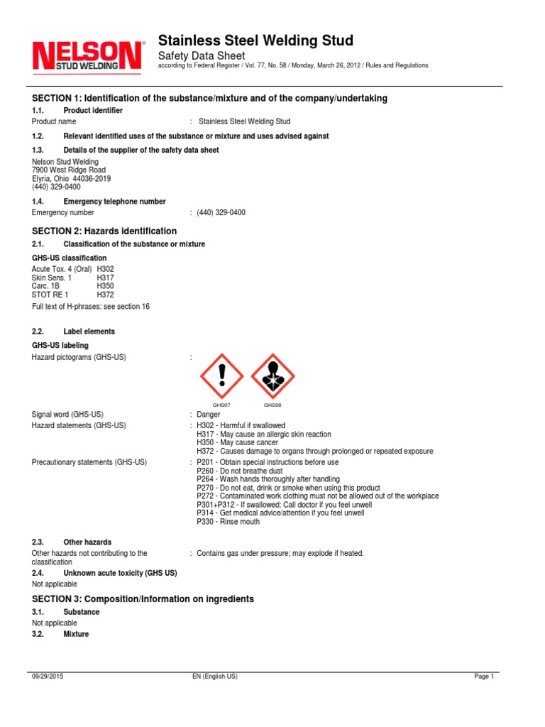 Sds Stainless Steel Welding Stud PDF Toxicity Personal Protective Equipment