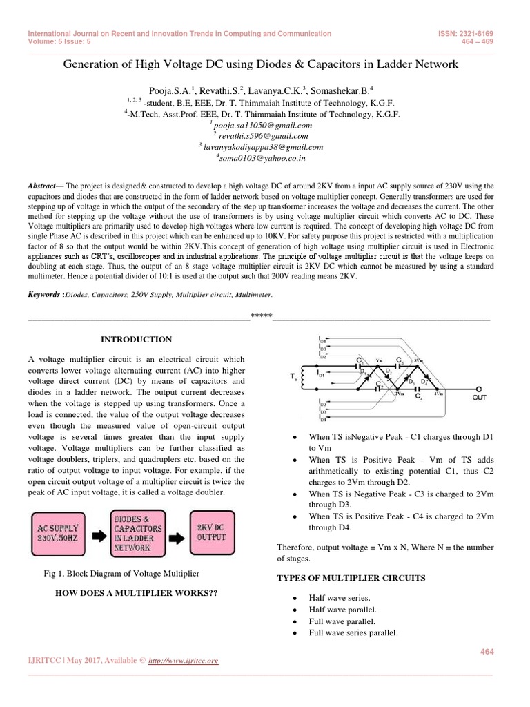 Generation of High Voltage DC Using Diodes & Capacitors in Ladder