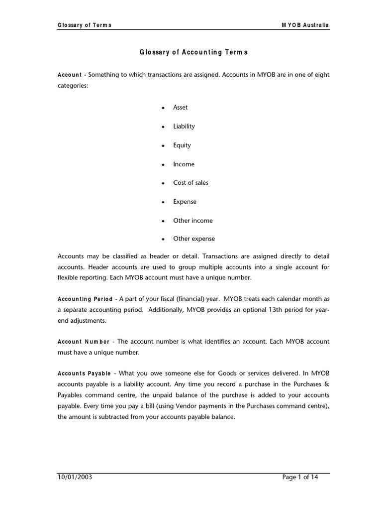 MYOB Accounting Terms Glossary | PDF | Debits And Credits | Accounts ...