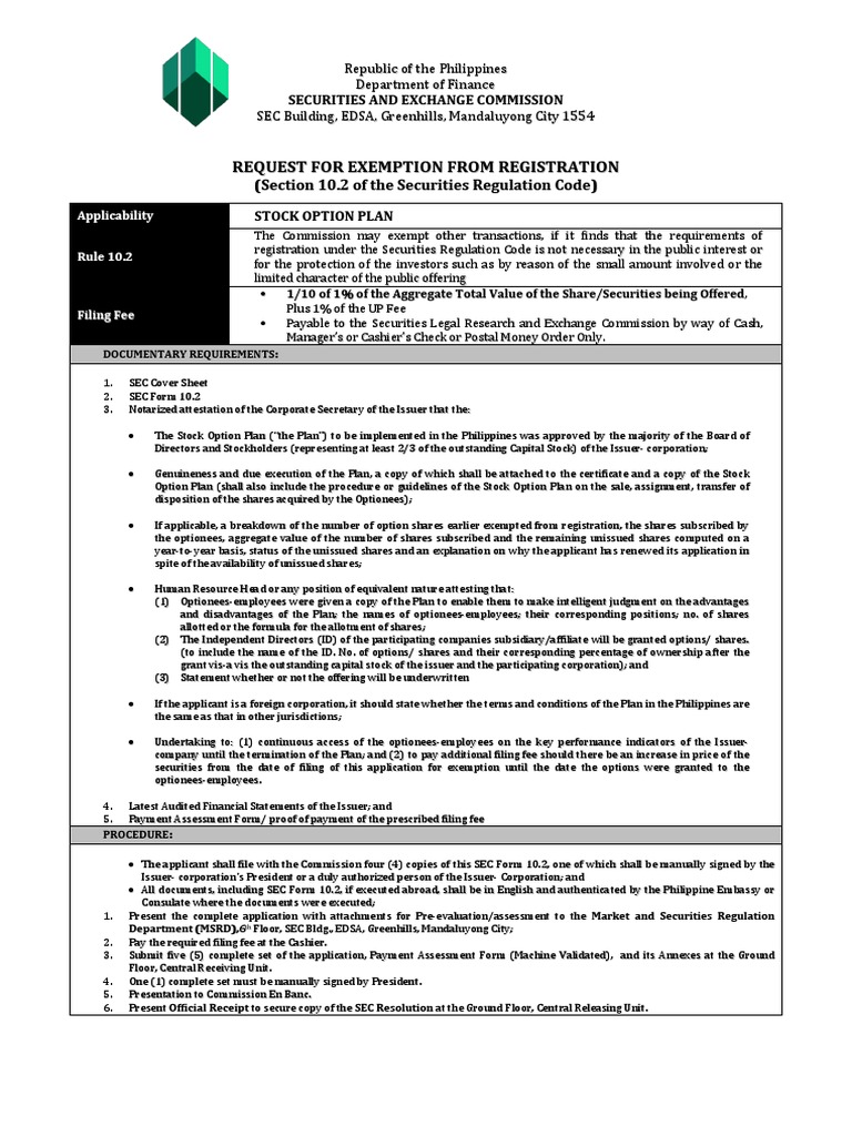 SEC Exemption Request for Stock Options | PDF | Stocks | Securities ...