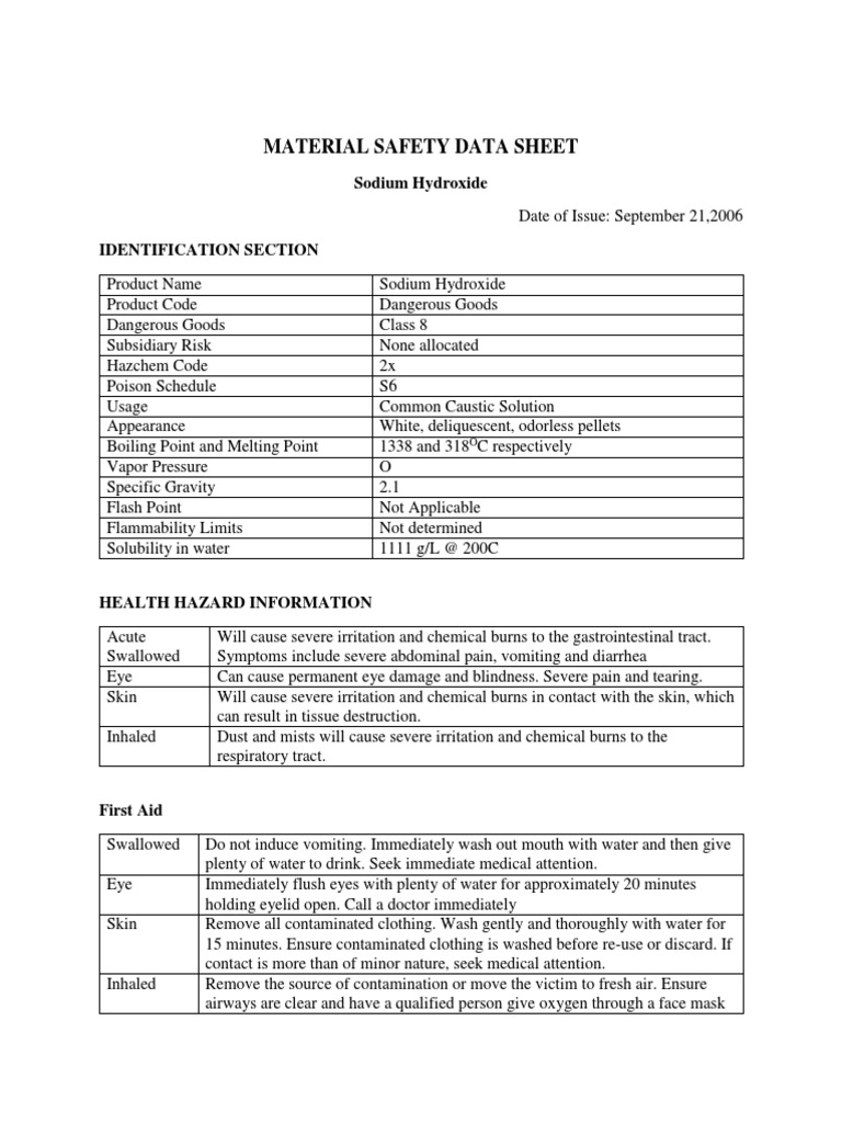 Sodium Hydroxide Safety Data Sheet | PDF | Science & Mathematics
