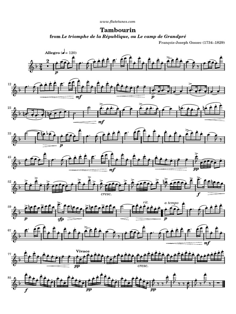 Gossec Tambourin Flute Piano PDF PDF Music Theory Performing Arts