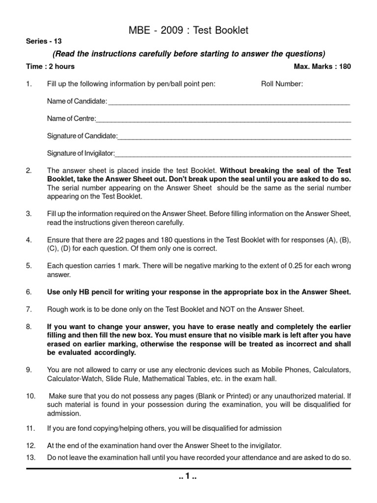 MBE 2009 Test Booklet Instructions | PDF | Maxima And Minima | Function ...