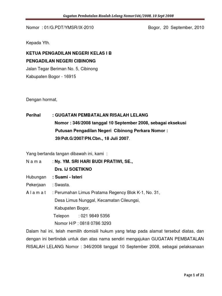 Gugatan Pembatalan Risalah Lelang