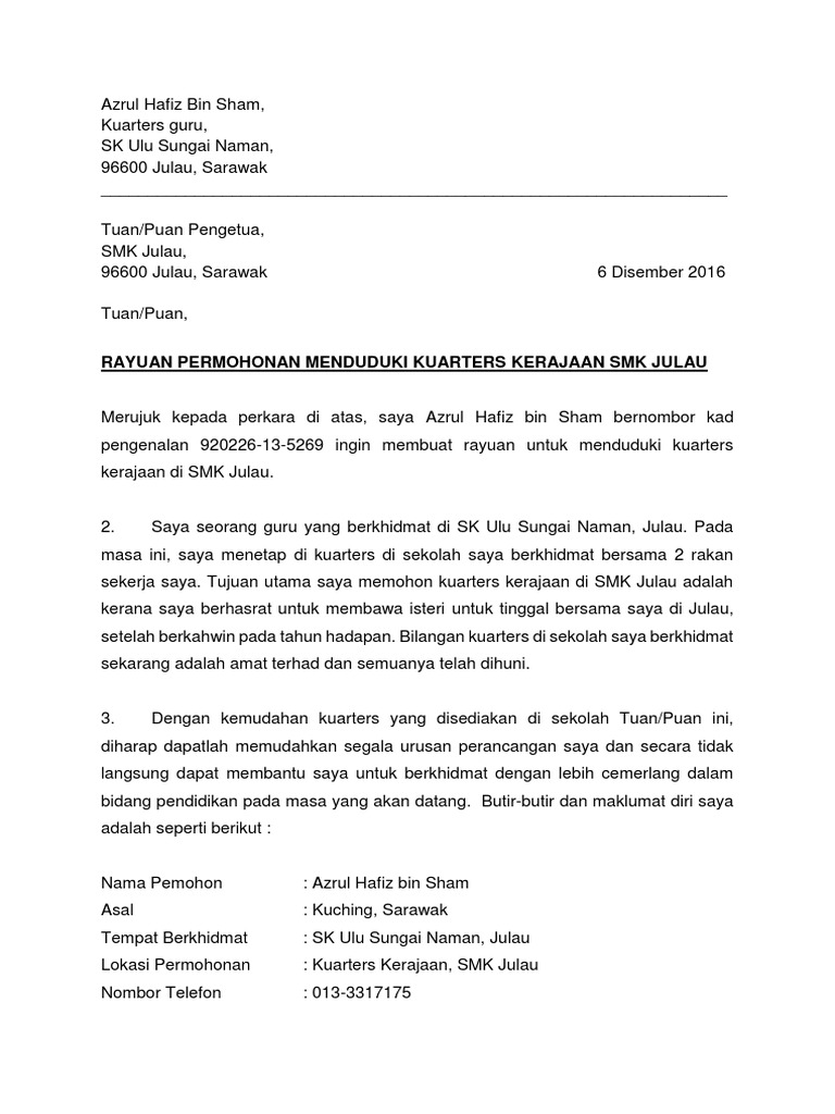 Surat Rayuan Kuarters Azrul Pdf