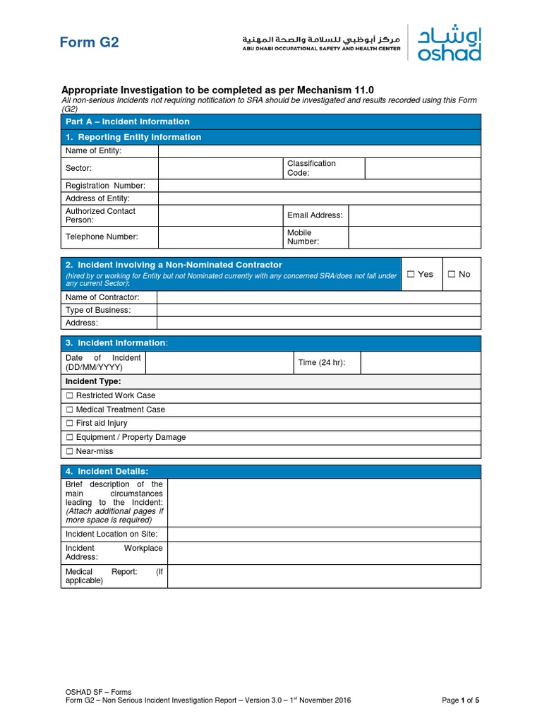 Form G223 - Non-Serious OSH Incident Investigation Report - V23.23 Within Ohs Incident Report Template Free