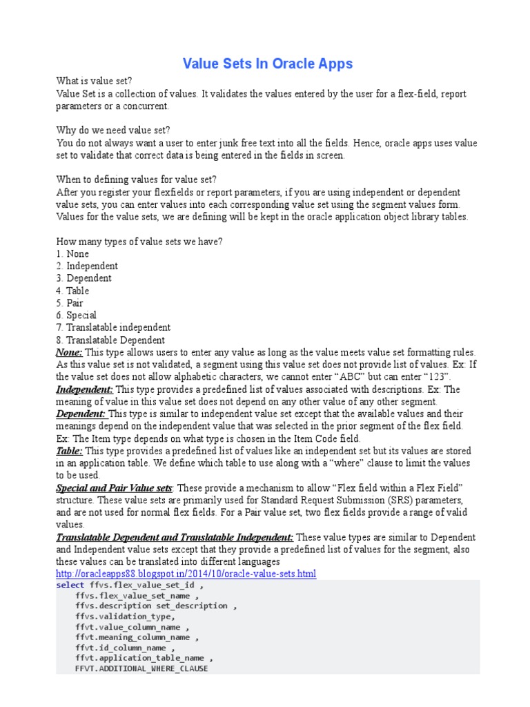 Value Sets in Oracle Apps PDF Data Type Sql