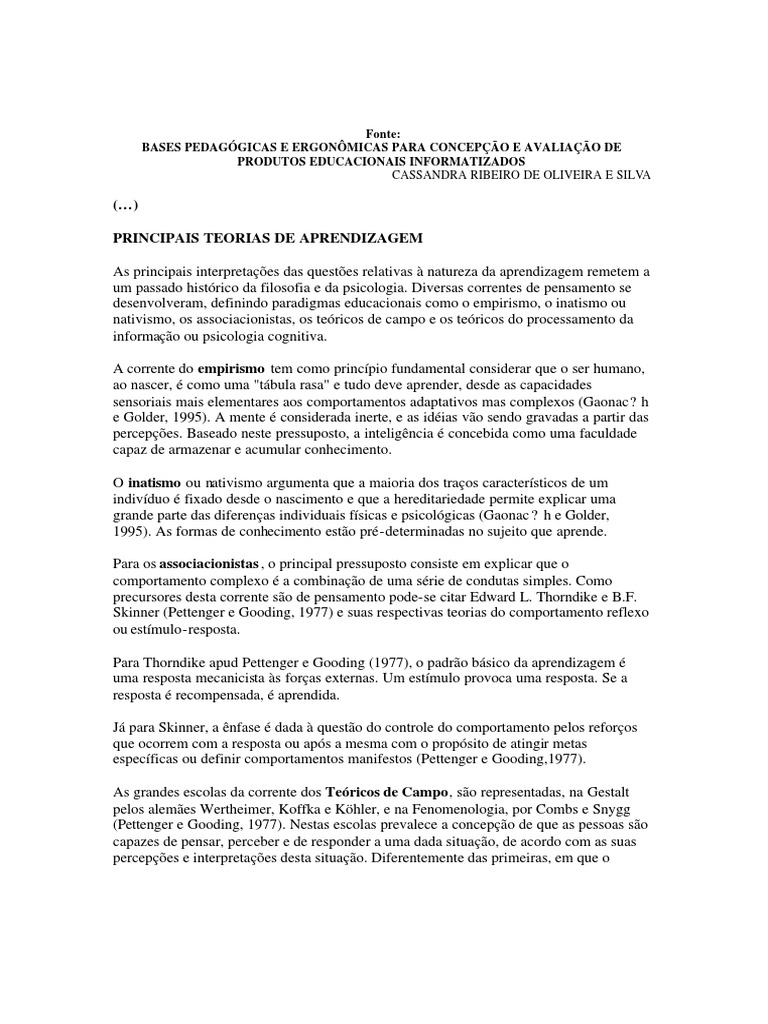 Principais Teorias da Aprendizagem | PDF