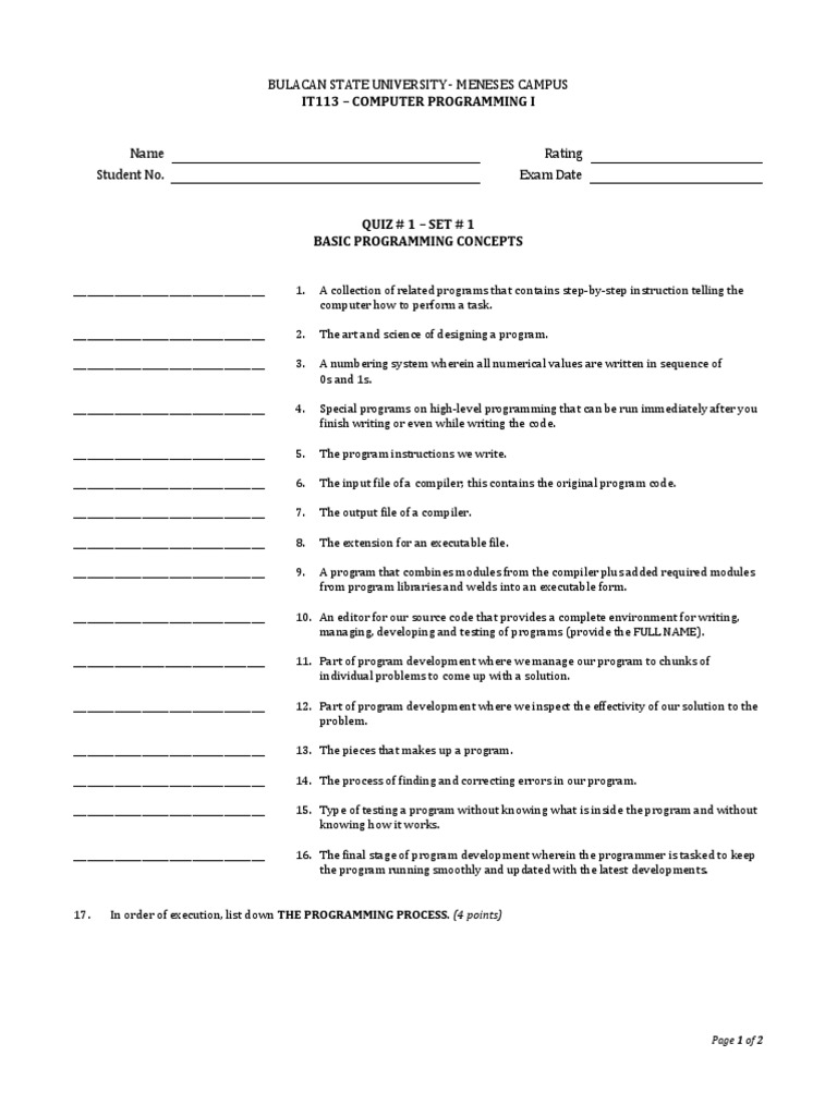 IT113 Quiz: Basic Programming Concepts | PDF | Computer Programming ...