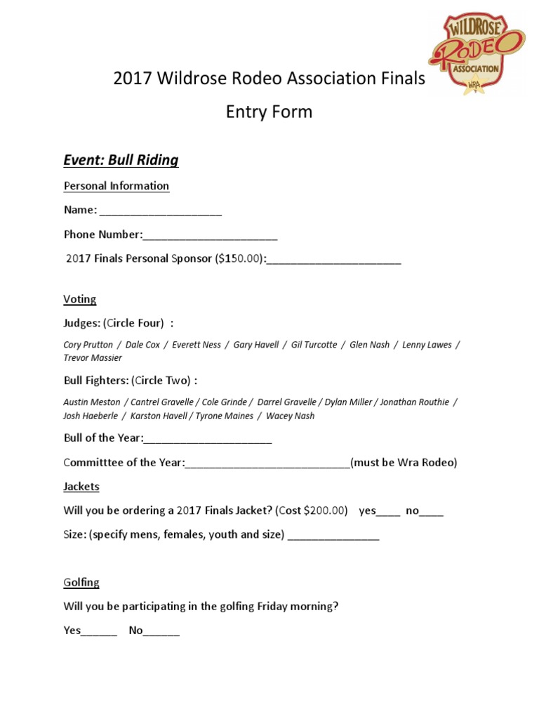 2017 Wildrose Bull Riding Entry Form | PDF | Sports & Recreation