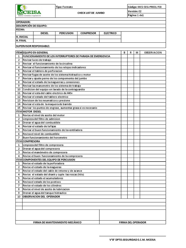 Check List Jumbo Perforadora Hidraulica | PDF