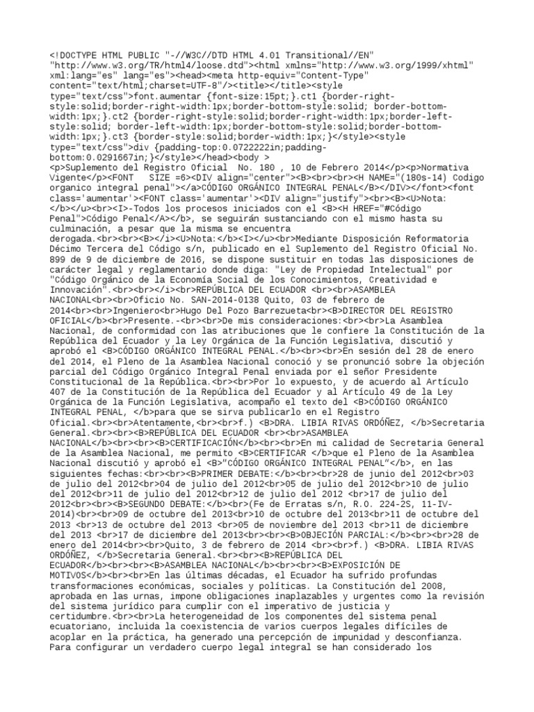 Ecuador Código Orgánico Integral Penal 620 PDF Derecho penal Ley