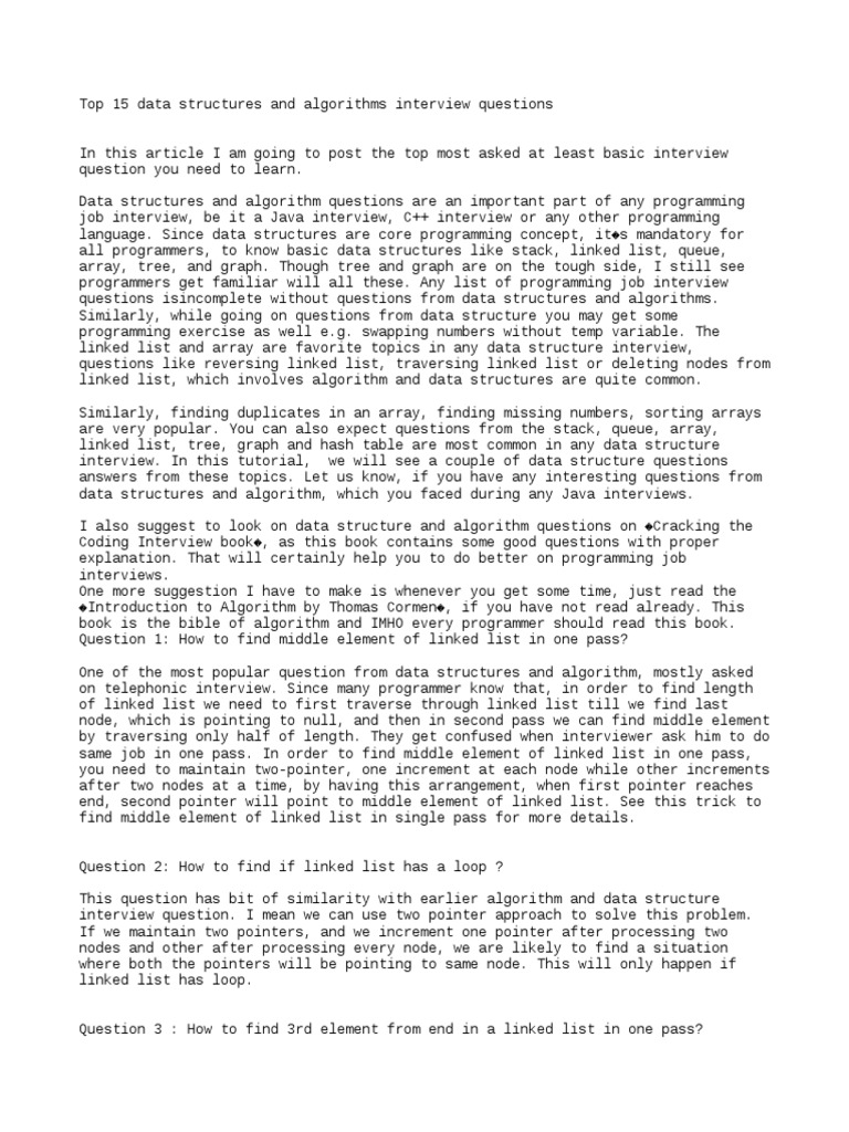 Top 15 Data Structures and Algorithms Interview Questions | PDF | Array ...