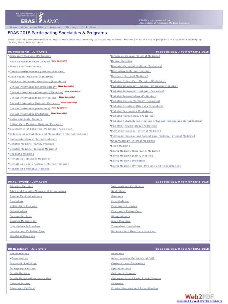 ERAS 2018 Participating Specialties & Programs PDF Urology Pediatrics