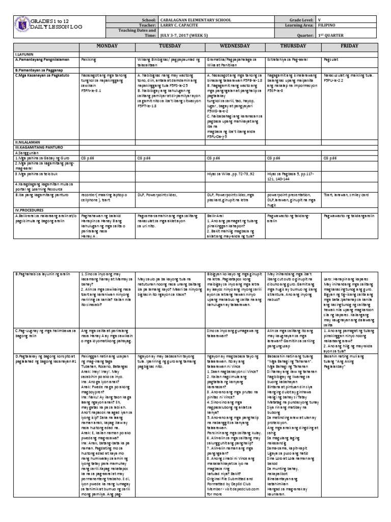 DLL Filipino 5 q1 w5 | PDF