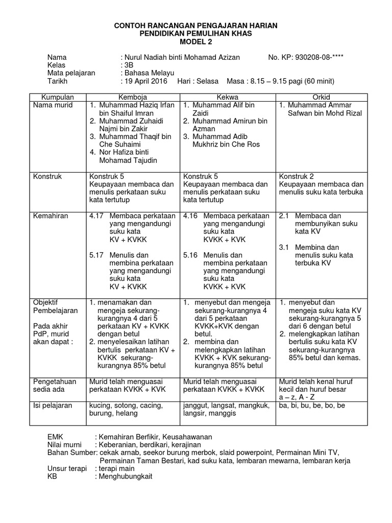 Contoh Rph Bm P Pemulihan Khas Model 2 Pdf