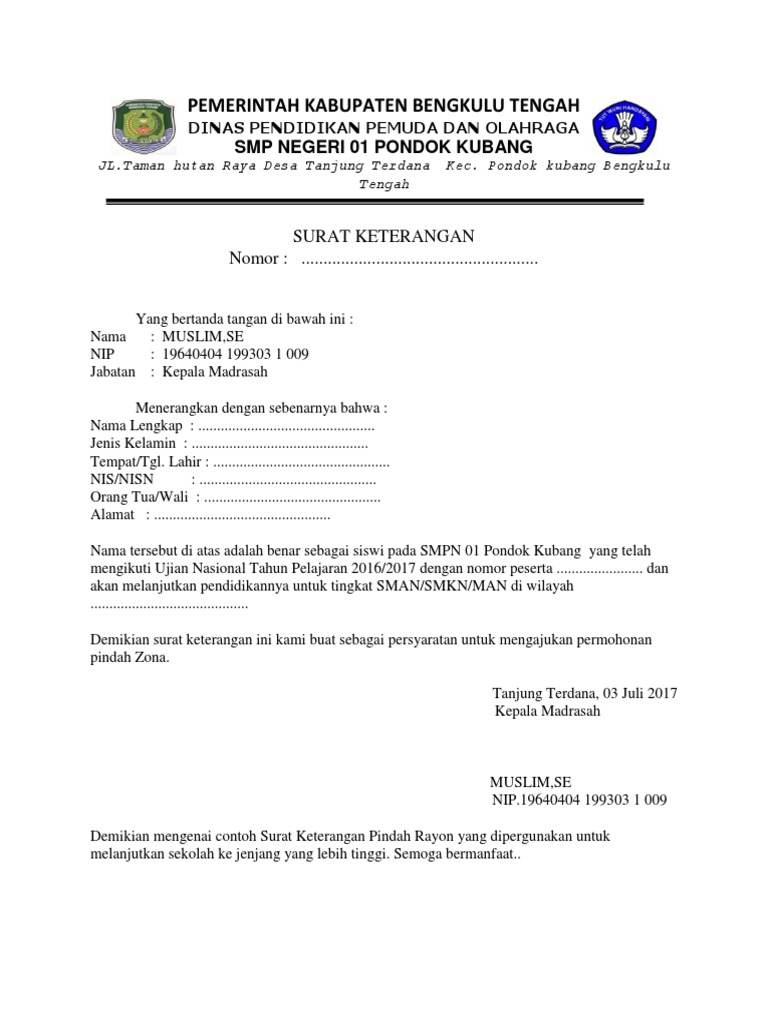 Surat Keterangan Zona Sekolah