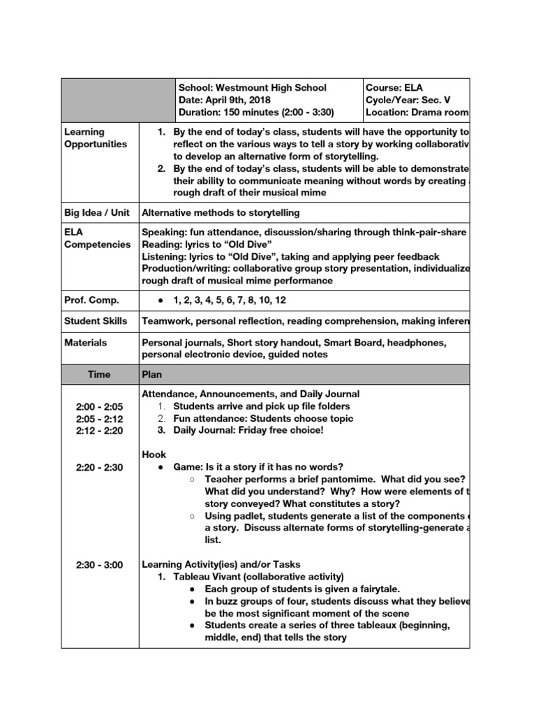 Lesson Plan Mime And Tableaux Teaching Pedagogy