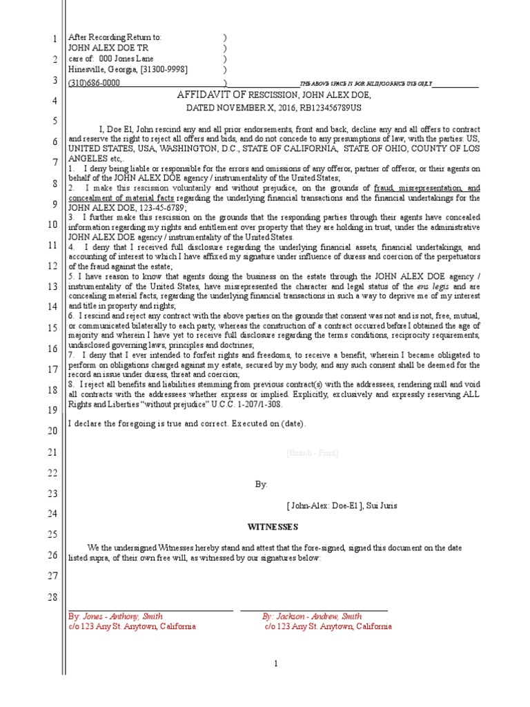 Affidavit of Rescission by John Doe | PDF | Rescission | Law Of Agency