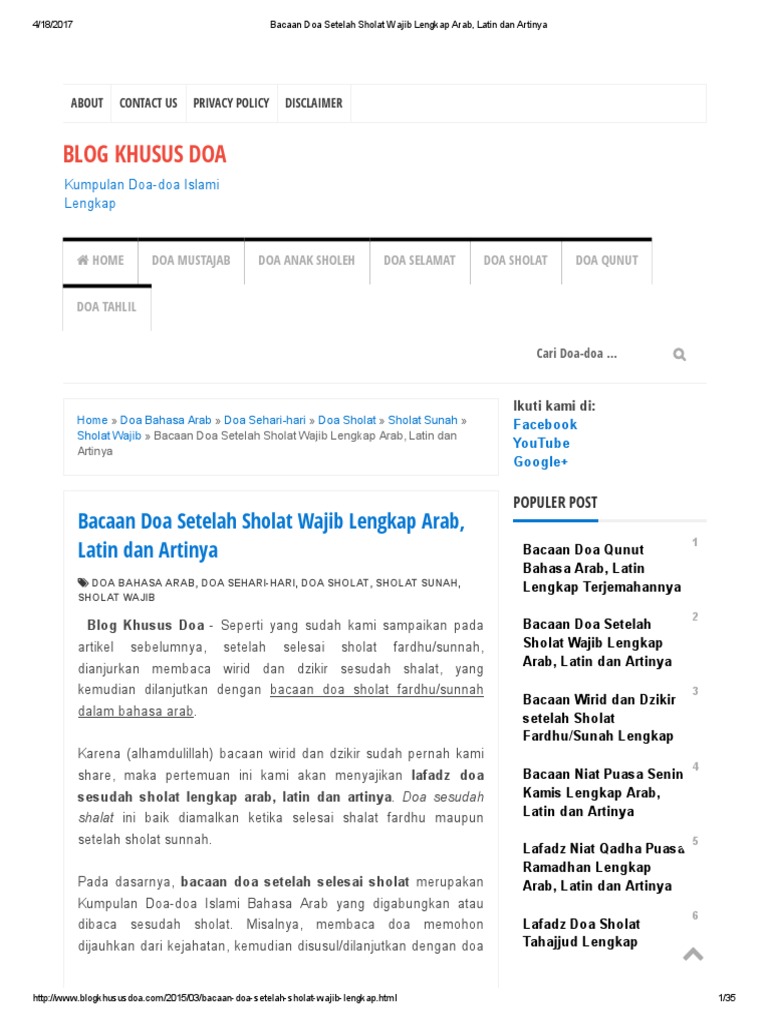 Bacaan Doa Setelah Sholat Wajib Lengkap Arab Latin Dan Artinyapdf