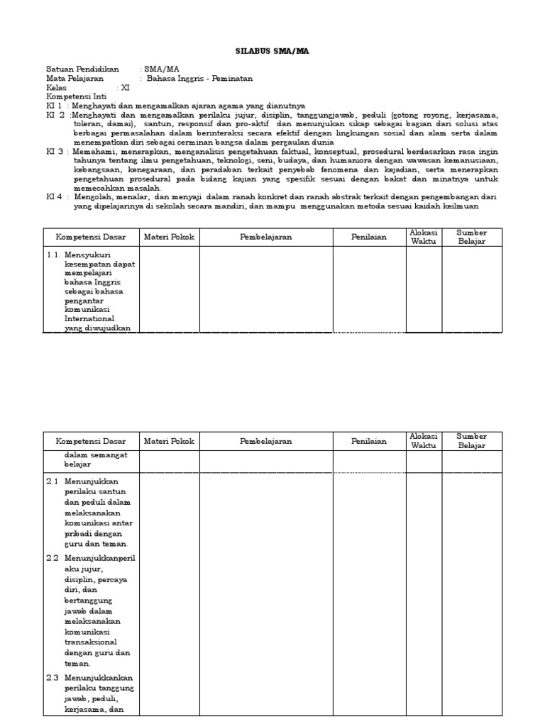 Silabus Bahasa Dan Sastra Inggris Kls Xi