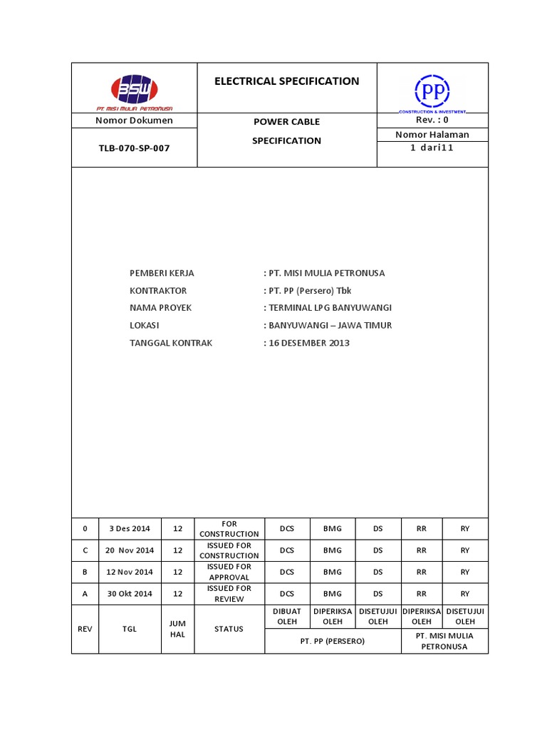 Power Cable Specification Kabel Pasokan Daya