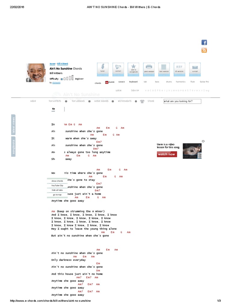 Ain T No Sunshine Chords Bill Withers E Chords Pdf Leisure Entertainment General