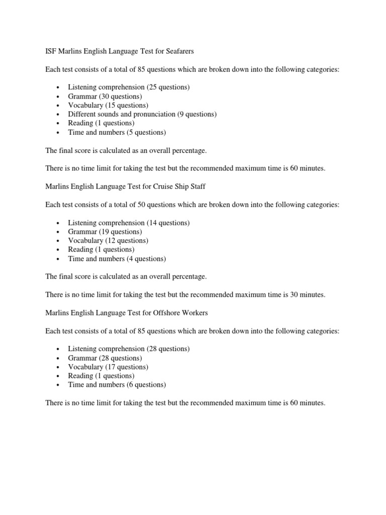 Isf Marlins English Language Test For Seafarers English Language Symbols