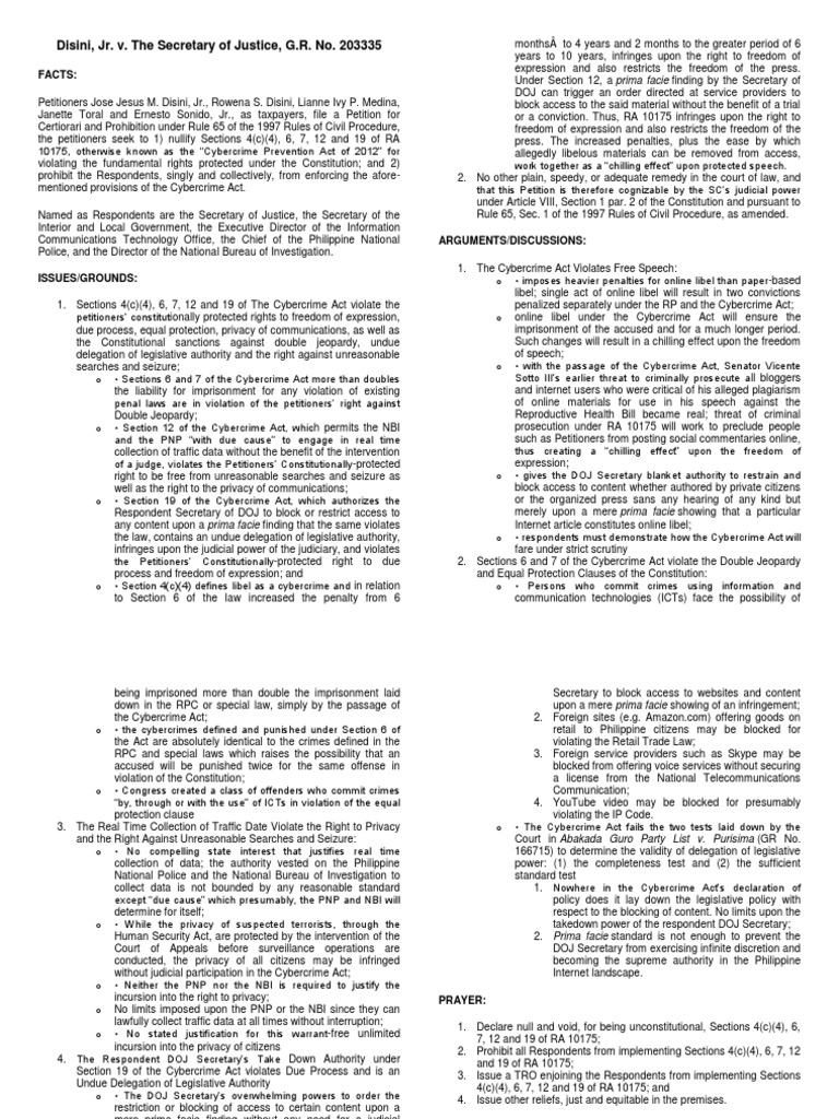 Disini jr v the secretary of justice g r no 203335 facts