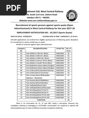 Notification West Central Railway Sports Person Posts