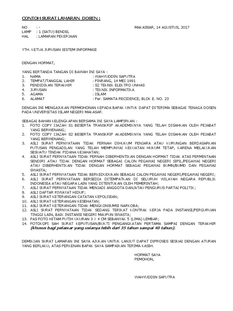 Contoh Surat Lamaran Jadi Dosen Di Universitas Kumpulan