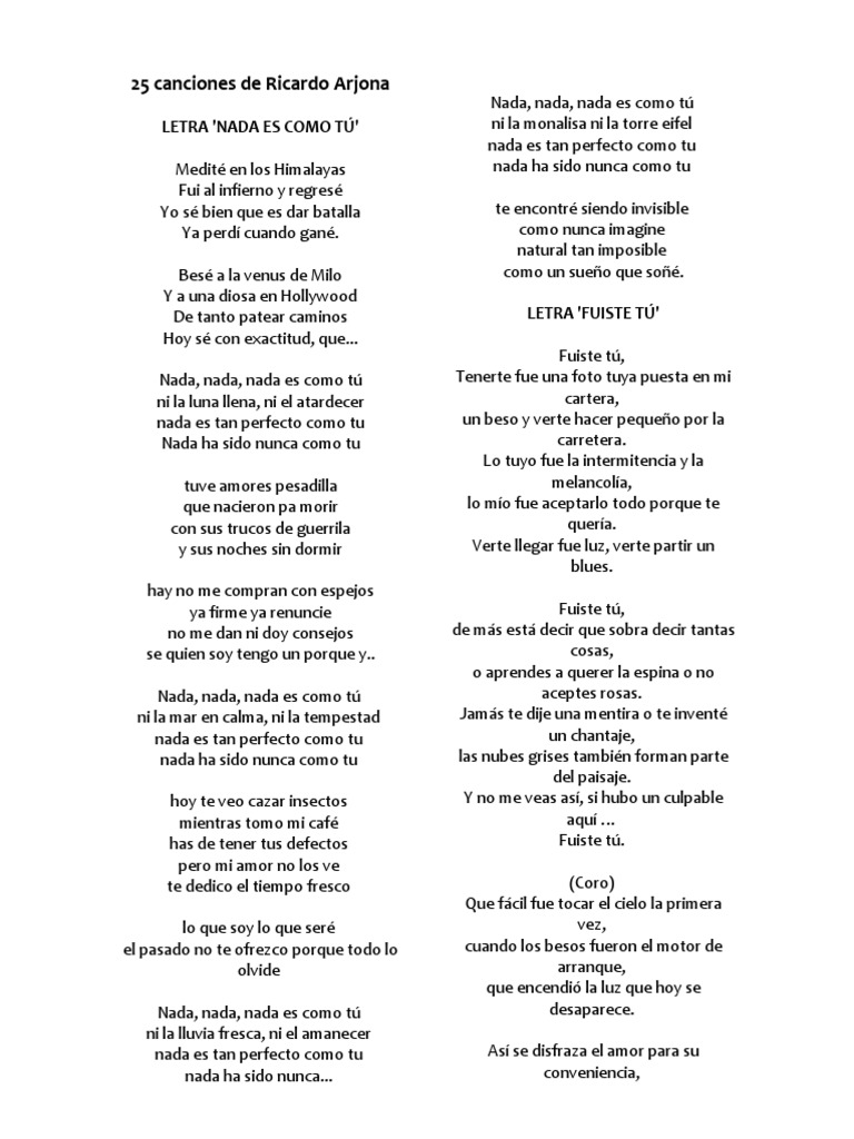25 Canciones De Ricardo Arjona Docx Amor Naturaleza Encuentre más letras y videos de ricardo arjona en album cancion y letra. 25 canciones de ricardo arjona docx