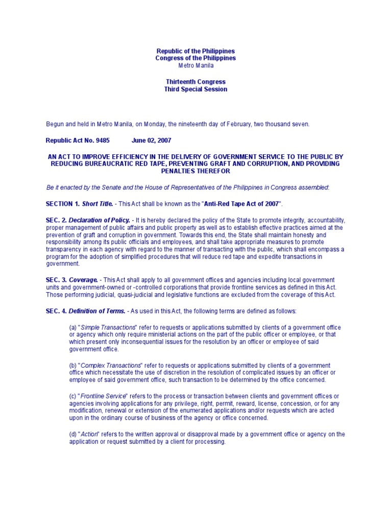 AntiRed Tape Act of 2007 RA 9485 United States Congress United