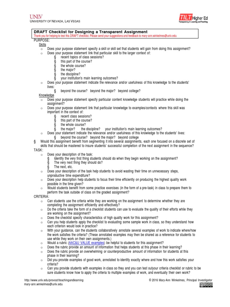 DRAFT Checklist For Designing A Transparent Assignment | PDF | Rubric ...