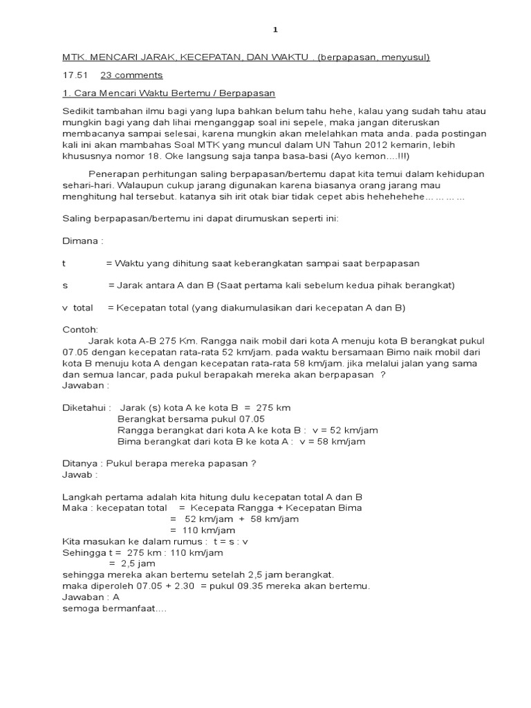 Hubungan Jarak Waktu Dan Kecepatan Dalam Perjalanan