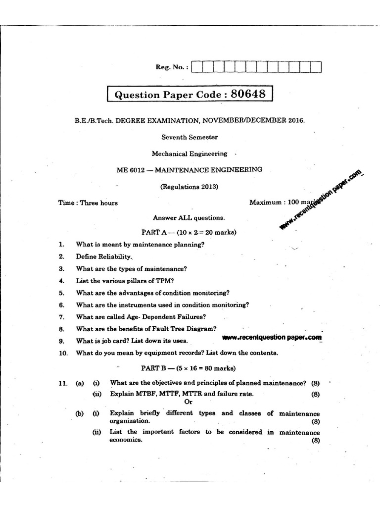 Me6012 Maintenance Engineering | PDF