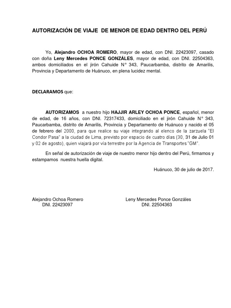 Autorización de Viaje de Menor de Edad Dentro Del Perú