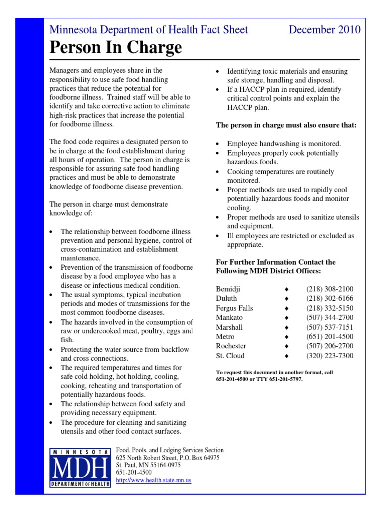 Person in Charge: Minnesota Department of Health Fact Sheet December ...