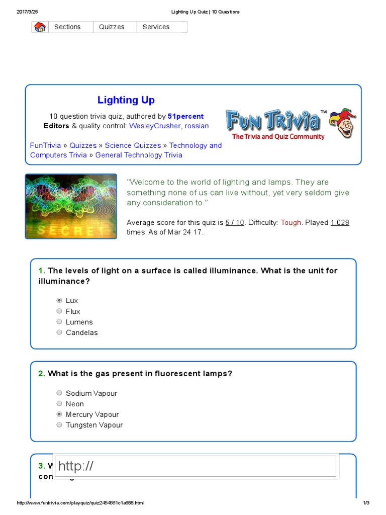 Lighting Up Quiz 10 Questions PDF Fluorescent Lamp Lighting