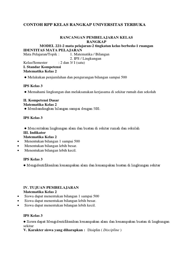Contoh RPP Kelas Rangkap UT | PDF | Seni & Disiplin Bahasa | Metode ...