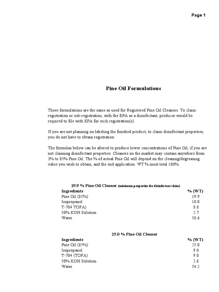 Pine Oil Formulations Disinfectant Chemical Substances