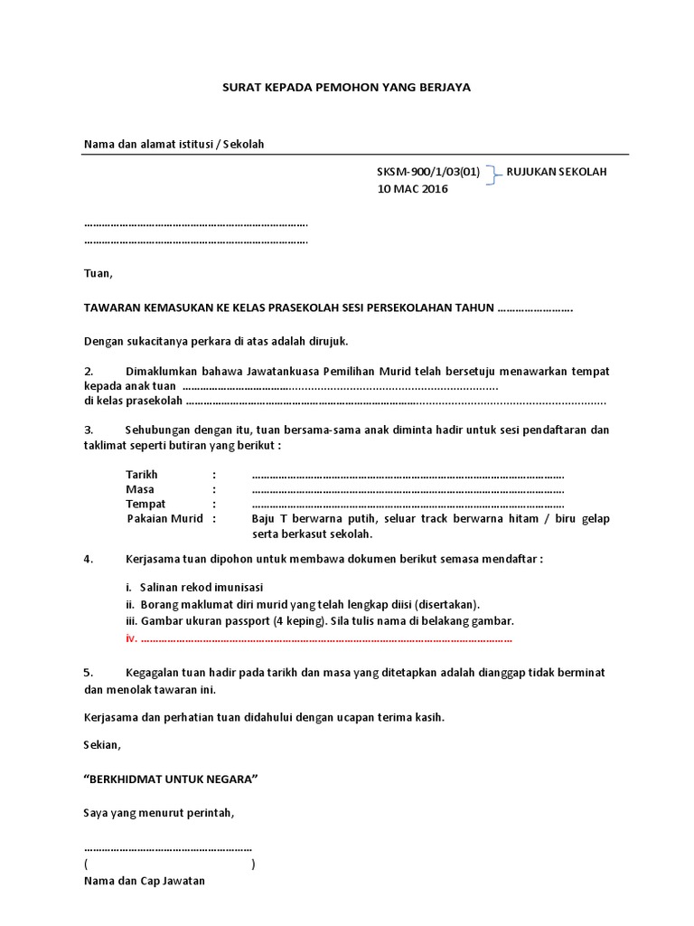 Contoh Surat Tawaran Prasekolah Pdf