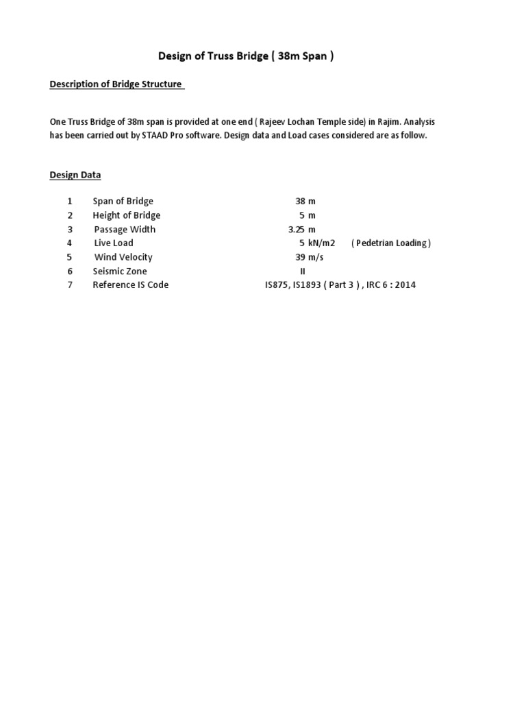 Truss Bridge Design Analysis (38m Span) | PDF | Structural Load | Wind ...