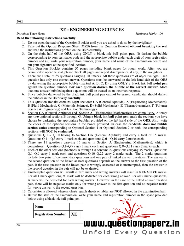 2012 XE Engineering Sciences Exam Guide | PDF | Bending | Stress ...