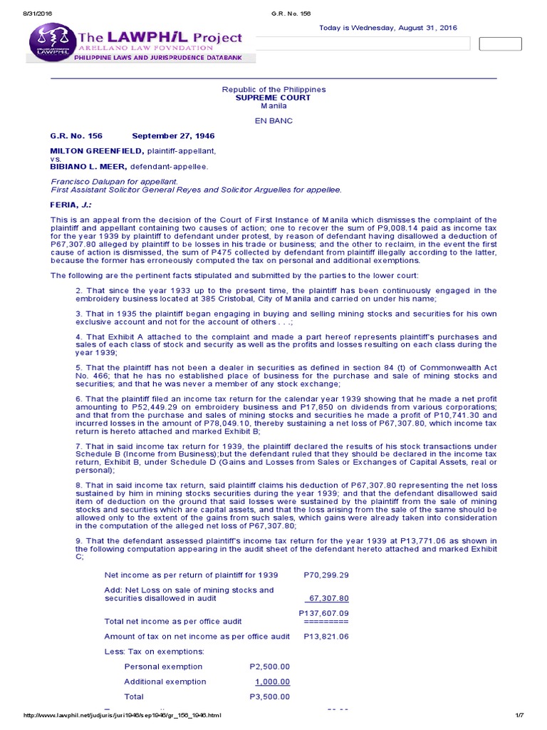 H.7 Greenfield Vs Meer GR No. 156 09271946 PDF PDF Tax Deduction