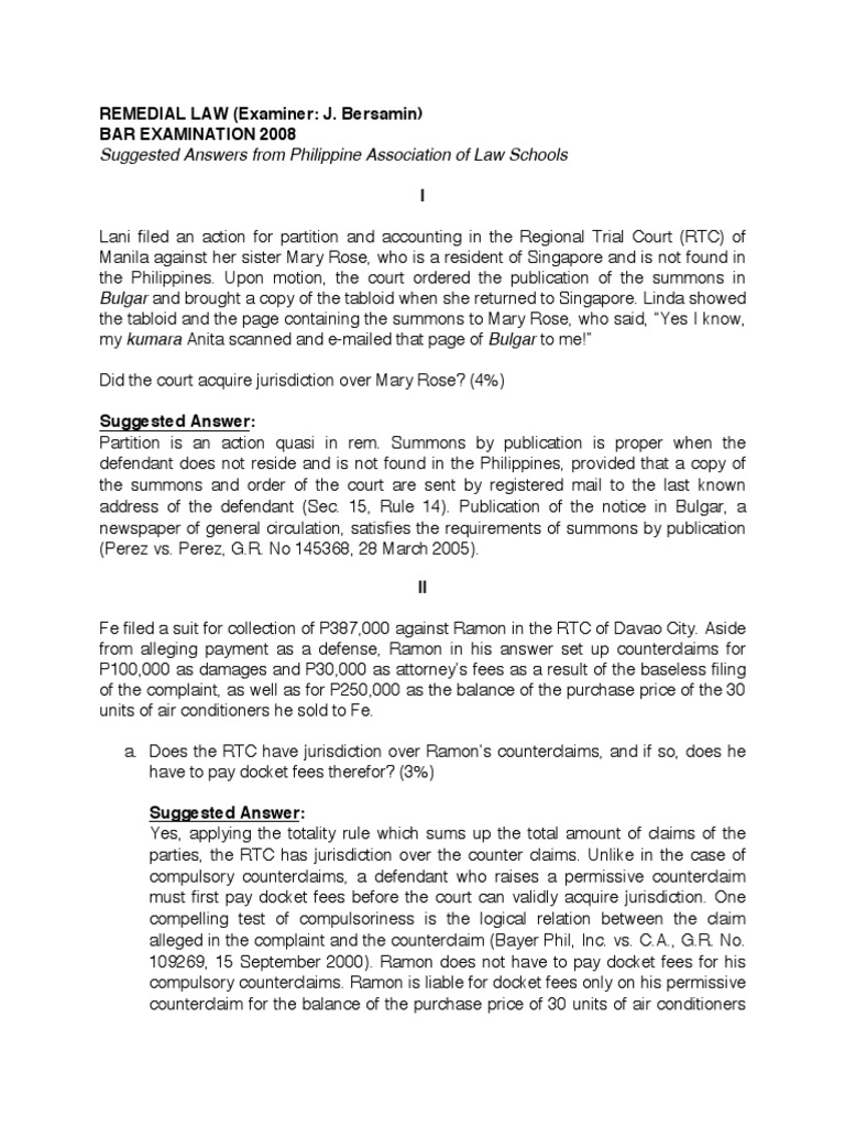 Philippine Bar 2008 REM Questions and Suggested Answers PDF