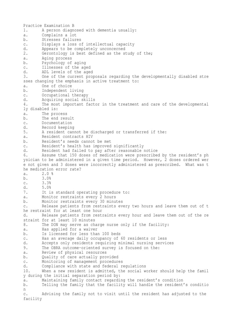 NAB Practice Exam for Resident Care | PDF | Family And Medical Leave ...