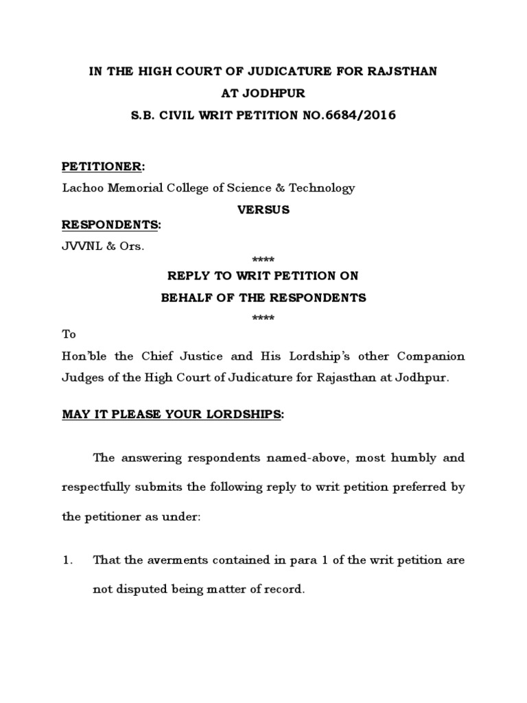 In The High Court of Judicature For Rajsthan at Jodhpur S.B. Civil Writ ...