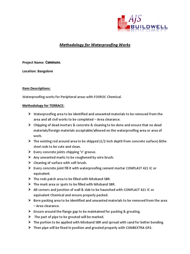 Waterproofing Methodology for Terrace | PDF | Mortar (Masonry) | Concrete