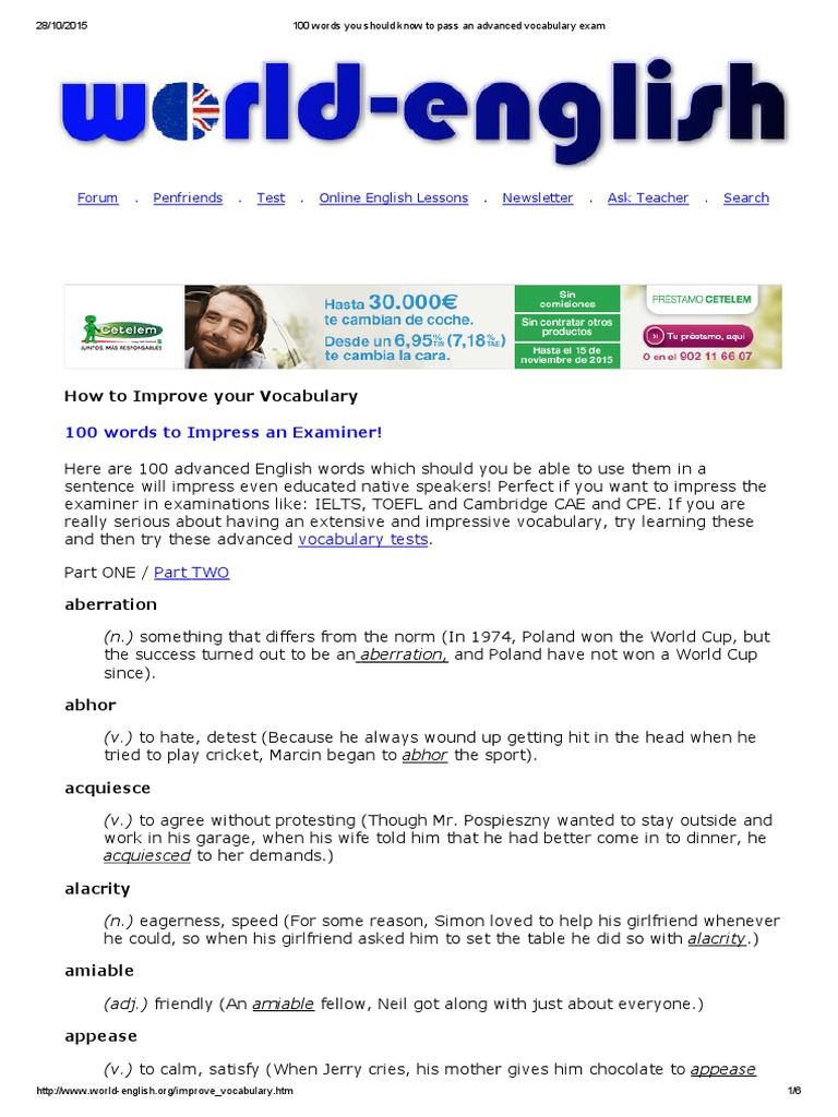 100 Words You Should Know To Pass An Advanced Vocabulary Exam PDF | PDF ...